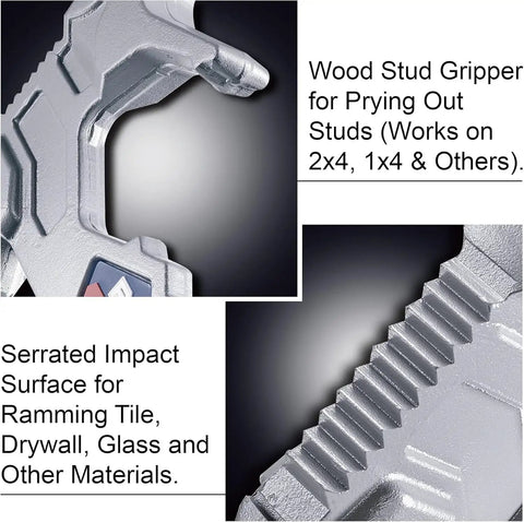 Close-up of 15 Inch Multi Function Demolition Tool Nail Puller With Cross Hatch Hammer showing serrated surface and wood stud gripper.