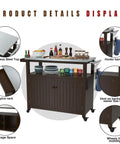 Outdoor Wood Grill Prep Table With Stainless Steel Top Waterproof Cover Dark Brown Finish Solid Wood Construction shown with spice rack, hooks, vent, storage, and mobility wheels.