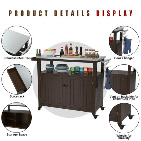 Outdoor Wood Grill Prep Table With Stainless Steel Top Waterproof Cover Dark Brown Finish Solid Wood Construction shown with spice rack, hooks, vent, storage, and mobility wheels.