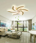 Cool Ceiling Fan With Lights LED Flower Shape Flush Mount Low Profile Lamp in modern living room interior