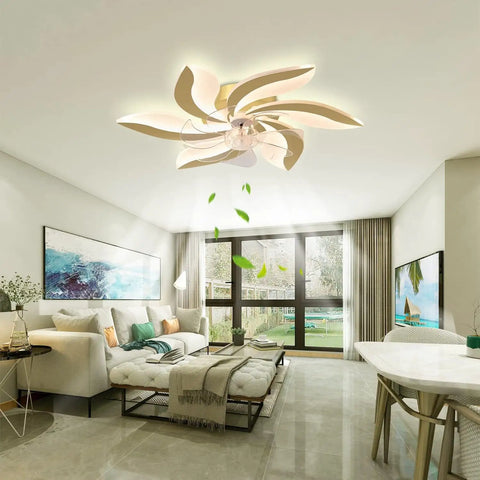 Cool Ceiling Fan With Lights LED Flower Shape Flush Mount Low Profile Lamp in modern living room interior