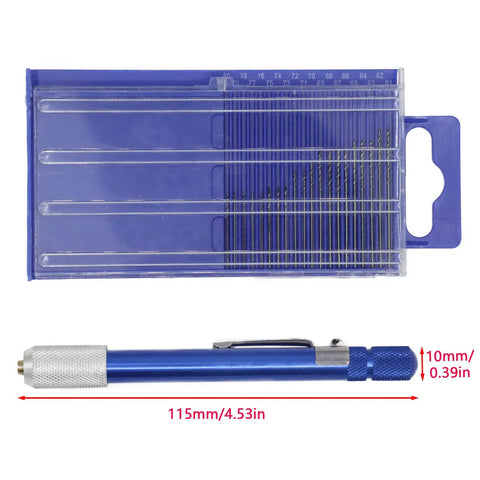 Top Tier Hss Micro Drill Bit Set 21 Piece Metric Range.3 To 1 Mm With Mini Pin Vice Tool and Solid Storage Case showingbits and vise in a plastic case.