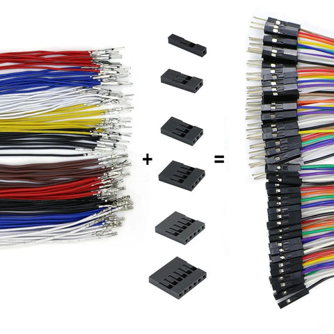 2.54mm Dupont Style Wire Connector Kit With Pre Crimped 26AWG Wires In Three Styles Female To Female, Male To Male, And Male To Female Large Pack 510 Pieces for DIY Projects shown laid out with connectors.