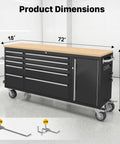 72 Inch Rolling Tool Chest With Power Outlet, Heavy Duty Tool Cabinet With 10 Drawers, Adjustable Dividers, Rubber Wood Workbench, Key Locking System And Drawer Liners For Garage Workshop, product dimensions shown