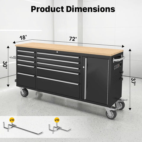 72 Inch Rolling Tool Chest With Power Outlet, Heavy Duty Tool Cabinet With 10 Drawers, Adjustable Dividers, Rubber Wood Workbench, Key Locking System And Drawer Liners For Garage Workshop, product dimensions shown