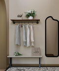 YCCO metal bench legs, 2 pcs, installed under a white bench in an entryway with a wood shelf and black-framed mirror.