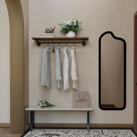 YCCO metal bench legs, 2 pcs, installed under a white bench in an entryway with a wood shelf and black-framed mirror.