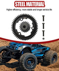 Beefed-Up 50T M1.0 Hardened Steel Spur Gear With 18T Pinion Gear for tough RC builds, shown with screws and RC car backdrop