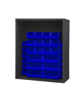 Rock Solid Extra Heavy Duty Twelve Gauge Steel Shelving Rack With Thirty Blue Hook On Bins, showcasing a sturdy black frame with blue bins.