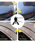 Diy Car Dent Repair Kit With Slide Hammer And Glue Puller, Paintless Dent Removal Tools, Metal T Bar and Reverse Hammer showing before and after results on car dents with metal frame and suction cups.