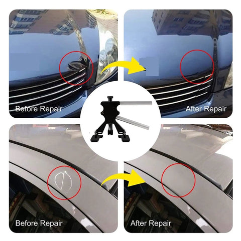 Diy Car Dent Repair Kit With Slide Hammer And Glue Puller, Paintless Dent Removal Tools, Metal T Bar and Reverse Hammer showing before and after results on car dents with metal frame and suction cups.