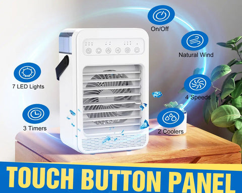 4 In 1 Portable Air Conditioner Fan With Touch Screen Evaporative Cooler on desk, highlighting features and controls