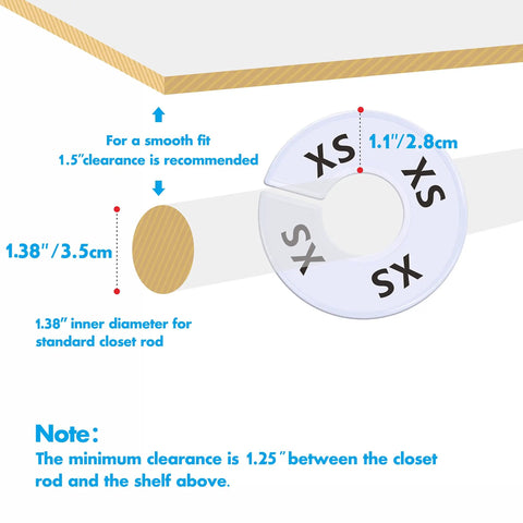 Diagram showing dimensions for 40 Pack Round White Plastic Closet Rack Dividers Preprinted With 8 Sizes XXS To XXXL, fits 3.5-inch rods.