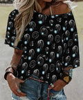 Woman wearing Comfy Loose Fit Womens Short Sleeve Boat Neck Tee Casual Blouse with Galaxy Dragon Space Print on Black.