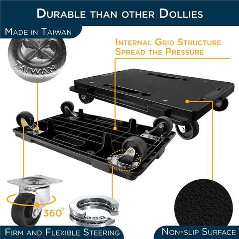 Rock Solid Heavy Duty Furniture Dollies With Wheels For Moving And Interlocking Rolling Movers That Transform Into A Stackable Creeper With 450 Pound Capacity For No Sweat Relocation with durable non-slip surface and 360-degree wheels.