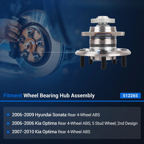 Rear Wheel Hub And Bearing Assembly 5 Lug ABS Pair Fit For Hyundai Sonata 2006 2009 And Kia Optima 2006 2010 Replaces 527303K000 512265 OEM Quality Wheel Hub Kit shown with feature highlights and fitment details.
