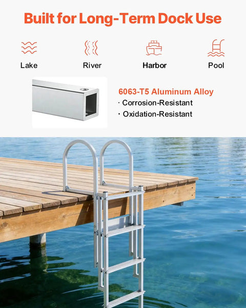 Retractable Dock Ladder With 5 Steps Aluminum Pontoon Swim Ladder Auto Lift Float Non Slip Wide Steps 500 Lb Weight Capacity Adjustable Height No Fuss Easy Install Ideal For Lake Pool And Boat installed on dock