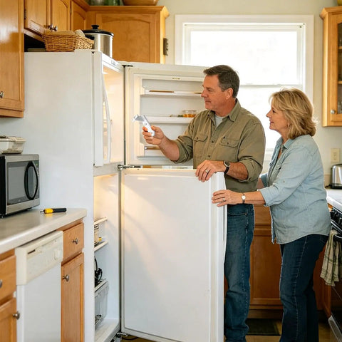 Couple inspecting fridge door hinge after installing Fridge Door Hinge Shaft Replacement Kit For Refrigerator Doors Easy Install No Tools Needed DIY Friendly Smooth Opening And Closing For Home Kitchen Apartment Hotel Restaurant Farmhouse