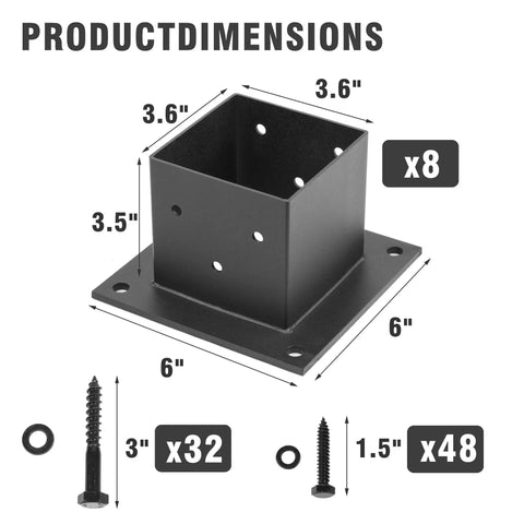 Dimensions of Heavy Duty 4x4 Deck Post Base Kit, 8 Pieces, 3.5 by 3.5 Inch Wood Post Brackets, Base Plate Anchor, Matte Black