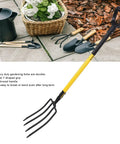 Heavy Duty Garden Fork With Four Tines And Y Grip For Digging And Loosening Soil 46 Inch Long Spading Fork, hardwood handle visible
