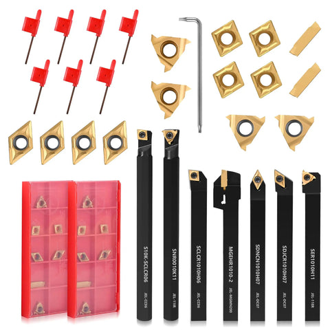 Indexable Lathe Turning Tools Set With Three Eighths Inch And Ten Millimeter Shanks Seven Tool Holders And Fourteen Carbide Inserts