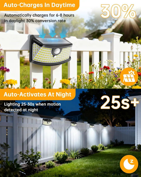 Solar Motion Sensor Lights 120 LED Pack With 270 Degree Wide Angle IP65 Waterproof Outdoor Step Lights for Front Door Yard Garage Deck 6 Pack Black and Daylight White installed on fence