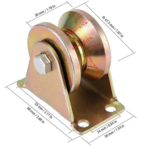 heavy duty sliding gate wheels with V groove and bracket, 2 inch diameter, for industrial machines and rail systems