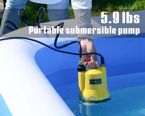 User operating One Sixth Horsepower Portable Submersible Utility Pump For Home Flood Cleanup in pool, 10 ft cord visible.