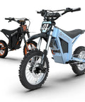Full Send Electric Dirt Bike Built Around A Mean 2000W Motor And Tough 21Ah Battery Hits 37 Mph Using Three Speed Modes in blue and black colors.