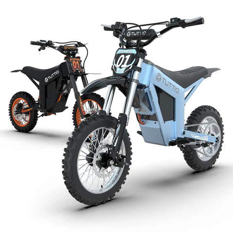 Full Send Electric Dirt Bike Built Around A Mean 2000W Motor And Tough 21Ah Battery Hits 37 Mph Using Three Speed Modes in blue and black colors.