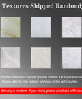 6 natural textures of Spanish marble showcased on a gray background, representing unique patterns for selection.