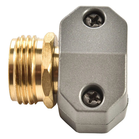 Side view of brass male hose coupling with zinc clamp and stainless screws for three quarter or five eighth inch garden hose repair
