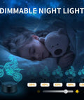 Dirt Bike 3D Night Light With 16 Color Changing LEDs illuminating a sleeping child with teddy bear, dimmable settings shown.