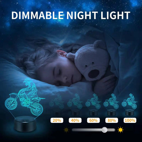 Dirt Bike 3D Night Light With 16 Color Changing LEDs illuminating a sleeping child with teddy bear, dimmable settings shown.