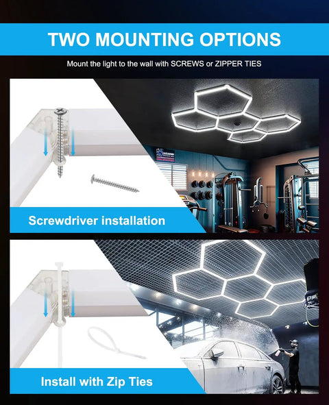 Image showing Six Sided LED Garage Light With Five Grid Panels Hella Bright 26520 Lumens Natural White 6500K Ceiling Shop Light for garages.