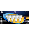 Product packaging showing LED Indoor Floodlight Bulbs 10 Watt Equivalent To 65 Watt Soft White BR30 Dimmable With Medium Base Four Pack