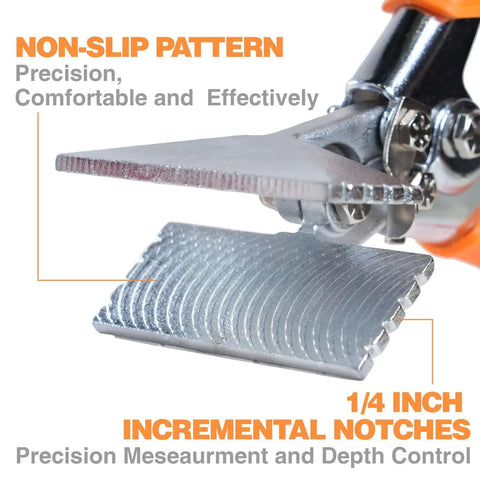 Close-up of 3 Inch Sheet Metal Hand Seamer with ergonomic grip handle, highlighting non-slip pattern and 1/4 inch incremental notches.