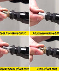 Hifeson Heavy Duty Air Hydraulic Rivet Nut Tool With Pneumatic Automatic Riveter Gun showing Steel Iron, Aluminum, Stainless Steel, and Hex Rivet Nuts.