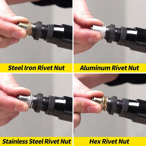 Hifeson Heavy Duty Air Hydraulic Rivet Nut Tool With Pneumatic Automatic Riveter Gun showing Steel Iron, Aluminum, Stainless Steel, and Hex Rivet Nuts.