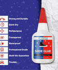 Hardcore Shoe Glue For Sneakers, Boots, Sandals And More - Heavy Duty Repairs That Bond Rubber, Leather And Canvas, Quick Set Time, Waterproof, Long Lasting, With CA Accelerator Compatibility bottle with red cap and blue label