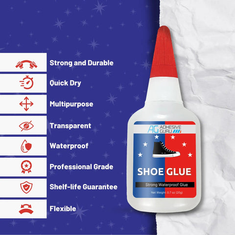 Hardcore Shoe Glue For Sneakers, Boots, Sandals And More - Heavy Duty Repairs That Bond Rubber, Leather And Canvas, Quick Set Time, Waterproof, Long Lasting, With CA Accelerator Compatibility bottle with red cap and blue label