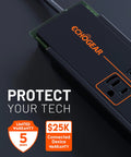 Close-up of Eight Outlet Surge Protector Power Strip With Slim Profile And 3420 Joules Of Protection For Your TV, Office, Or Gaming Setup, Heavy Duty Overload Guard And Easy Concealment featuring warranty details.