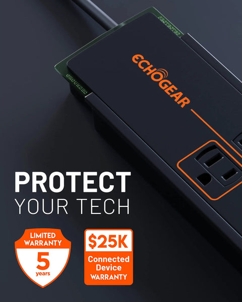 Close-up of Eight Outlet Surge Protector Power Strip With Slim Profile And 3420 Joules Of Protection For Your TV, Office, Or Gaming Setup, Heavy Duty Overload Guard And Easy Concealment featuring warranty details.