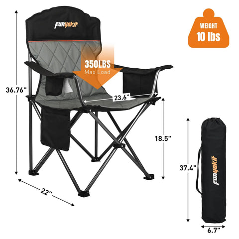 Heavy Duty Camping Chairs Two Pack With Fully Padded Seats Cooler Bag And Cup Holder 350 Lb Capacity Portable Folding Chairs For Outdoor Use Beach Fishing Hiking Travel Picnic Backyard with dimensions and weight.