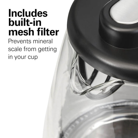 Close-up of 1.7L Electric Kettle With Fast Boil 1500W showing built-in mesh filter and clear glass design.