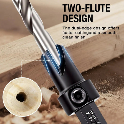 Close-up of Five Piece Tapered Countersink Drill Bit Set For Wood With HSS And Quick Change Hex Shank in use on wood