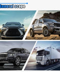Collage of diverse vehicles including two SUVs, a pickup truck, and a semi-truck on various terrains under a blue sky.