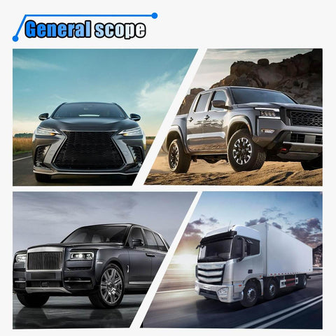 Collage of diverse vehicles including two SUVs, a pickup truck, and a semi-truck on various terrains under a blue sky.