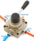 Beefed-Up Rotary Lever Hand Valve HV-03 PT3/8 3 Position 4 Way Pneumatic Air Flow Control valve with labeled ports