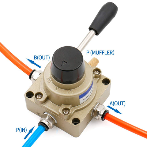 Beefed-Up Rotary Lever Hand Valve HV-03 PT3/8 3 Position 4 Way Pneumatic Air Flow Control valve with labeled ports